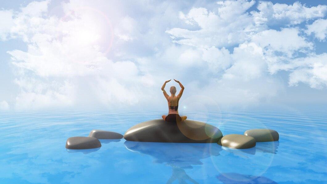 Rendu 3d rochers lisses dans mer contre ciel bleu nuageux femme position yoga 1048 15689